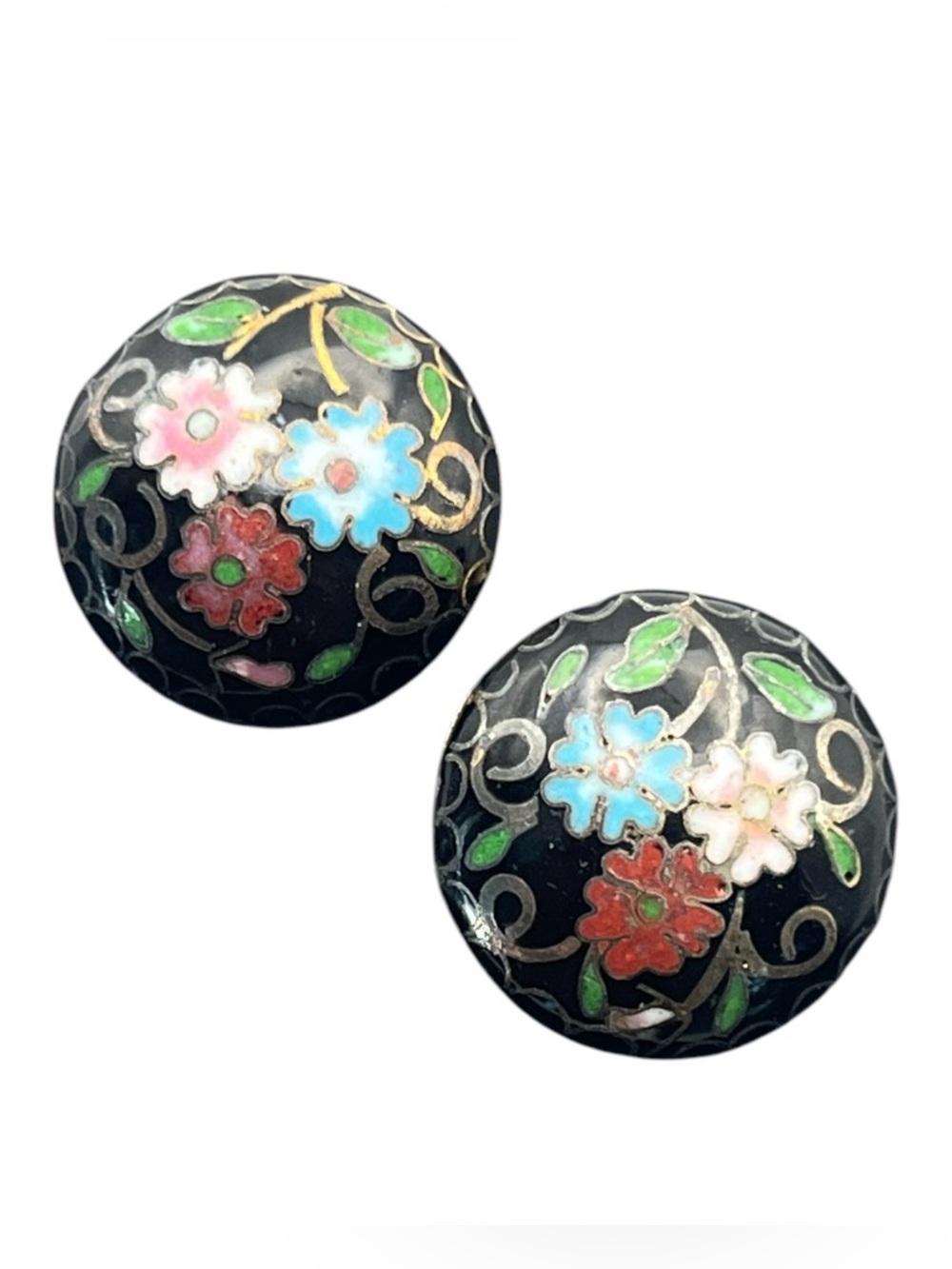 Cloisonné enamel flower painted gold tone clip on earrings vintage multicolored